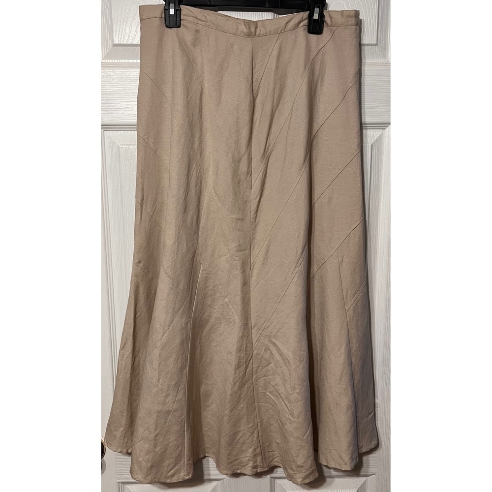 Appraisal Beige Linen Blend Diagonal Seam Midi Flared Skirt Womens 12 Neutral